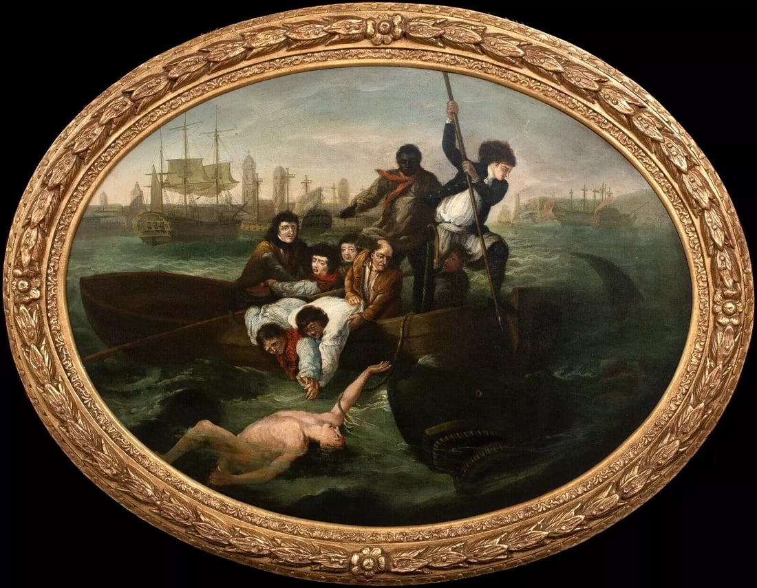 WATSON & THE SHARK OIL PAINTING: Year: 18th century Size: 31" x 25" Medium: Oil Description: Huge oil on metal painting by John Singleton Copley depicting Watson and the Shark from the 18th century. A late eighteenth-century scenario