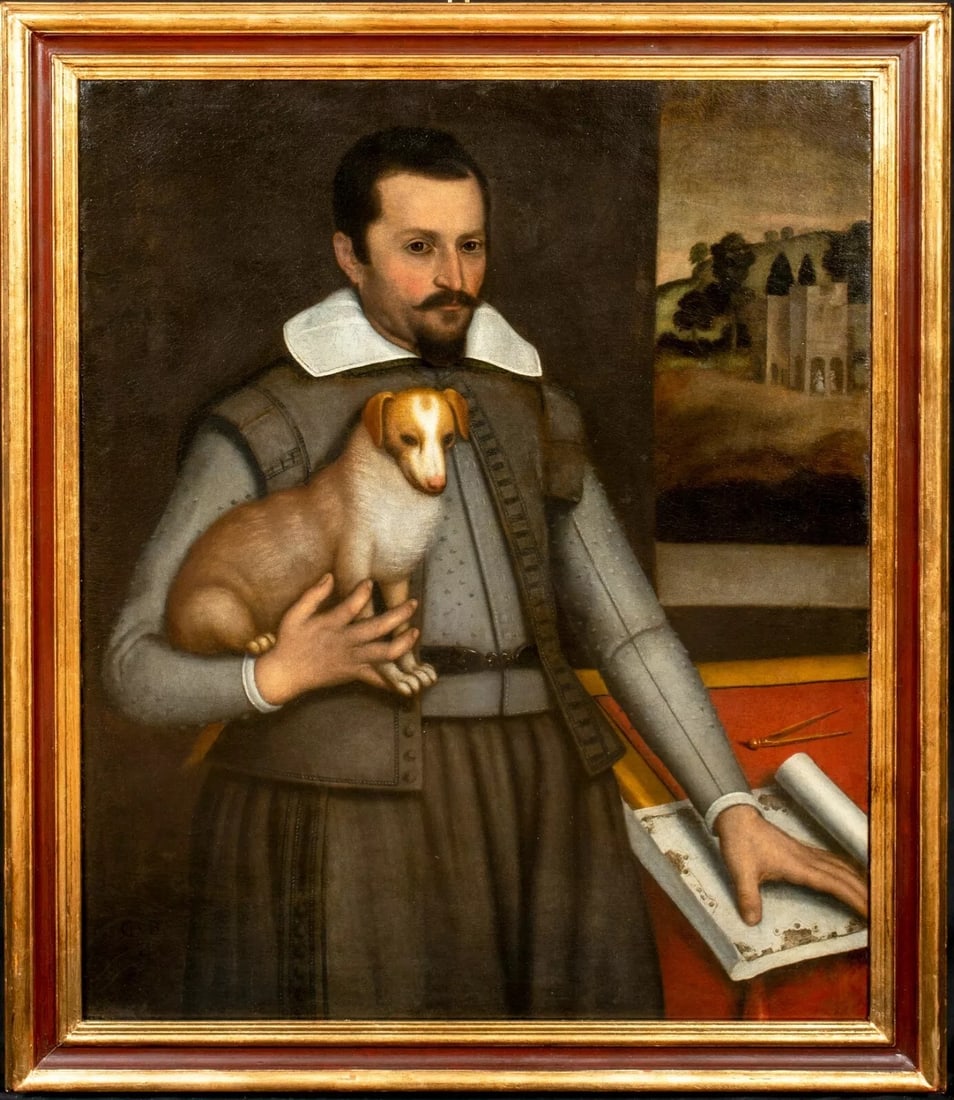 PORTRAIT OF AN ARCHITECT AND DOG OIL PAINTING: Year: 16th century Size: 46" x 39" Medium: Oil Description: Large oil on canvas portrait of an architect and dog by an Italian Old Master from the 16th century. Superb early and significant picture, a