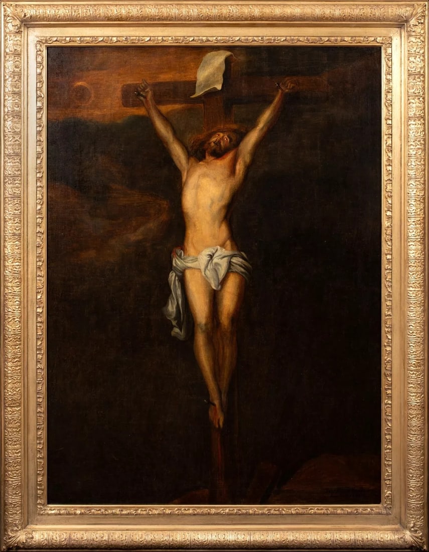 THE CRUCIFIXION OF CHRIST OIL PAINTING: Year: 17th century Size: 47" x 36" Medium: Oil Description: Large oil on canvas picture of the Crucifixion by a Dutch Old Master from the 17th century. Outstanding large-scale painting of Christ on th