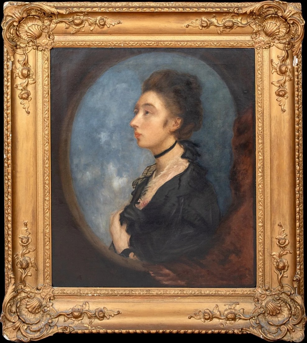 PORTRAIT OF MARGARET GAINSBOROUGH OIL PAINTING: Year: 18th century Size: 41" x 34.5" Medium: Oil Description: Huge oil on canvas portrait of Margaret, Thomas Gainsborough's daughter, from the 18th century. The side profile of the young woman in the