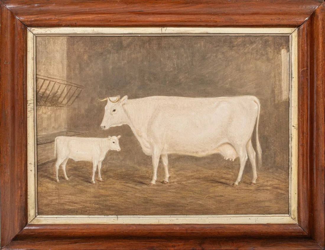 PORTRAIT OF A PRIZE COW & CALF OIL PAINTING: Year: 19th century Size: 29" x 23" Medium: Oil Description: Huge oil on canvas image of a prize cow and calf in a barn from the 19th century, credited to William Henry Davis. An exceptional example of