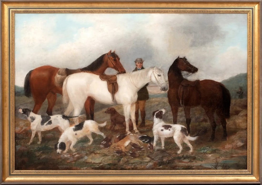 THE HUNTING PARTY OIL PAINTING: Year: 19th century Size: 46" x 33" Medium: Oil Description: Huge Scottish Moors Hunting Party, oil on canvas, Robert Cleminson, 19th century. A superb example of the renowned sporting painter's work i