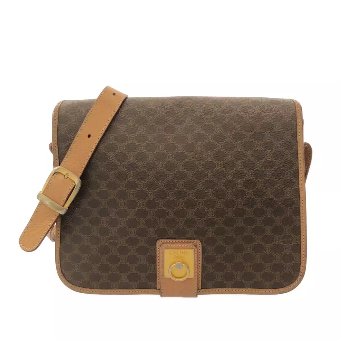 CELINE MACADAM PATTERN GANCINI DARK BROWN BEIGE PVC LEATHER SHOULDER BAG: CELINE Macadam Pattern Gancini Dark Brown Beige PVC Leather Shoulder Bag Brand: CELINE Type: Shoulder Bag Material: PVC, Leather Color: Dark Brown, Beige Size: Height: 8.46 inch (21.5 cm) Width: 9