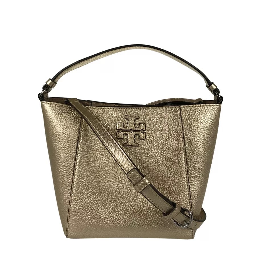 TORY BURCH MCGRAW SMALL HAND BAG: Tory Burch McGraw Small Hand bag Brand: Tory Burch Type: Hand bag Material: leather Color: Gold Size: W: 7.1" H: 7.5" D: 5.1" Handle: 11.4" Shoulder strap: 48.4" Accessories: None Accesso