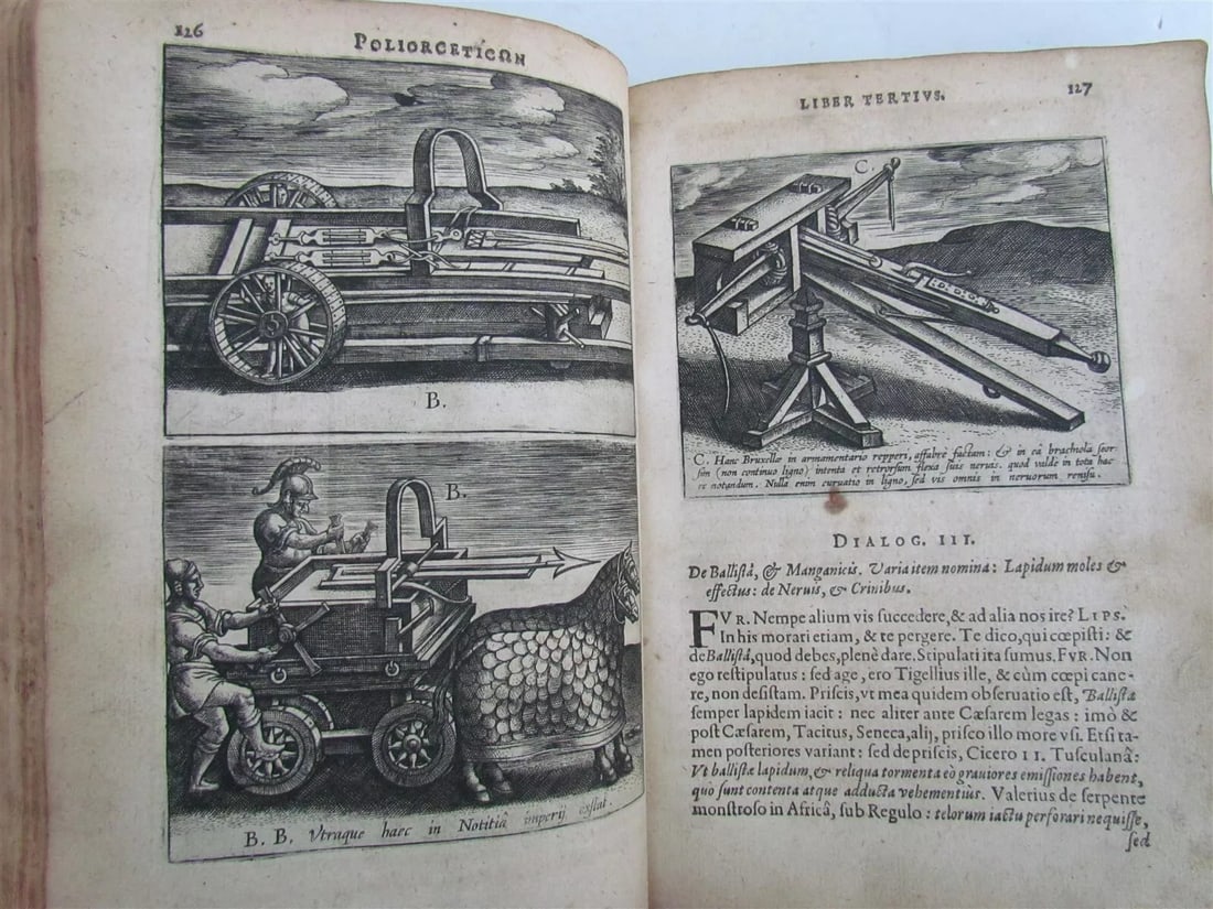 1599: ANTIQUE POLAROID MACHINES ILLUSTRATED BY MACHINIS PLANIN: Year/Century: 16th century Language: Latin Subject: Illustrated Binding: Vellum Description: Siue de Machinis, Iusti Lipsi Poliorceticon. Telis. Tormentis. Quinque Libri. Lucem Ad Historiarum. Justus