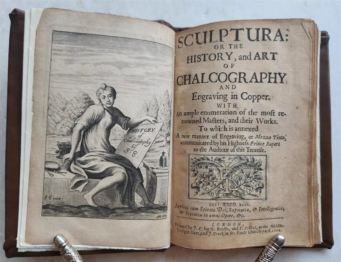 COPPER ANTIQUE RARE: SCULPTURA HISTORY & ART OF CHALCOGRAPHY & ENGRAVING, 1662: Year/Century: 17th century Language: English Subject: Illustrated Binding: Leather Description: John Evelyn. Sculptura, or the art and history of copper engraving and chalcography, to which a new engr