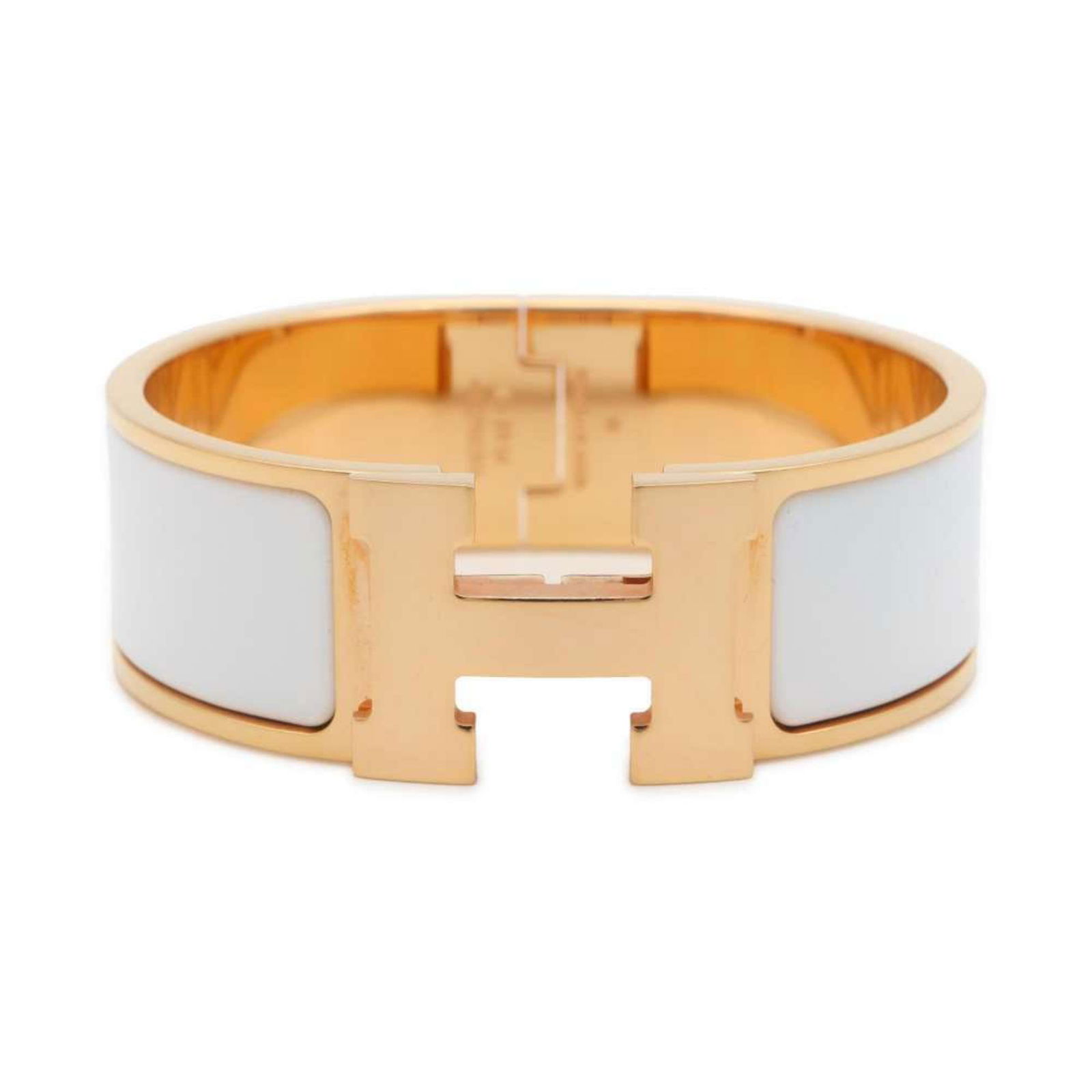 HERMES BRACELET CLICK H CLACK GM WHITE: HERMES Bracelet Click H Clack GM White Brand: Hermes Type: Bangle Material: Enamel, Metal Color: White Size: Length: 16cm / 6.29'' Accessories: None Accessories Notice: When purchasing pr