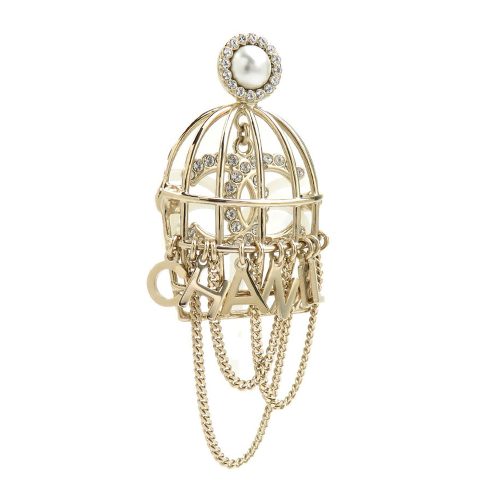 CHANEL BROOCH BIRDCAGE METAL FAUX PEARL STONE GOLD: CHANEL Brooch Birdcage Metal Faux Pearl Stone Gold Brand: Chanel Type: Brooch Material: Metal Color: Gold Size: (HxWxD) 7.5cm x 3.3cm / 2.95'' x 1.29'' Accessories: None Accessories Notic