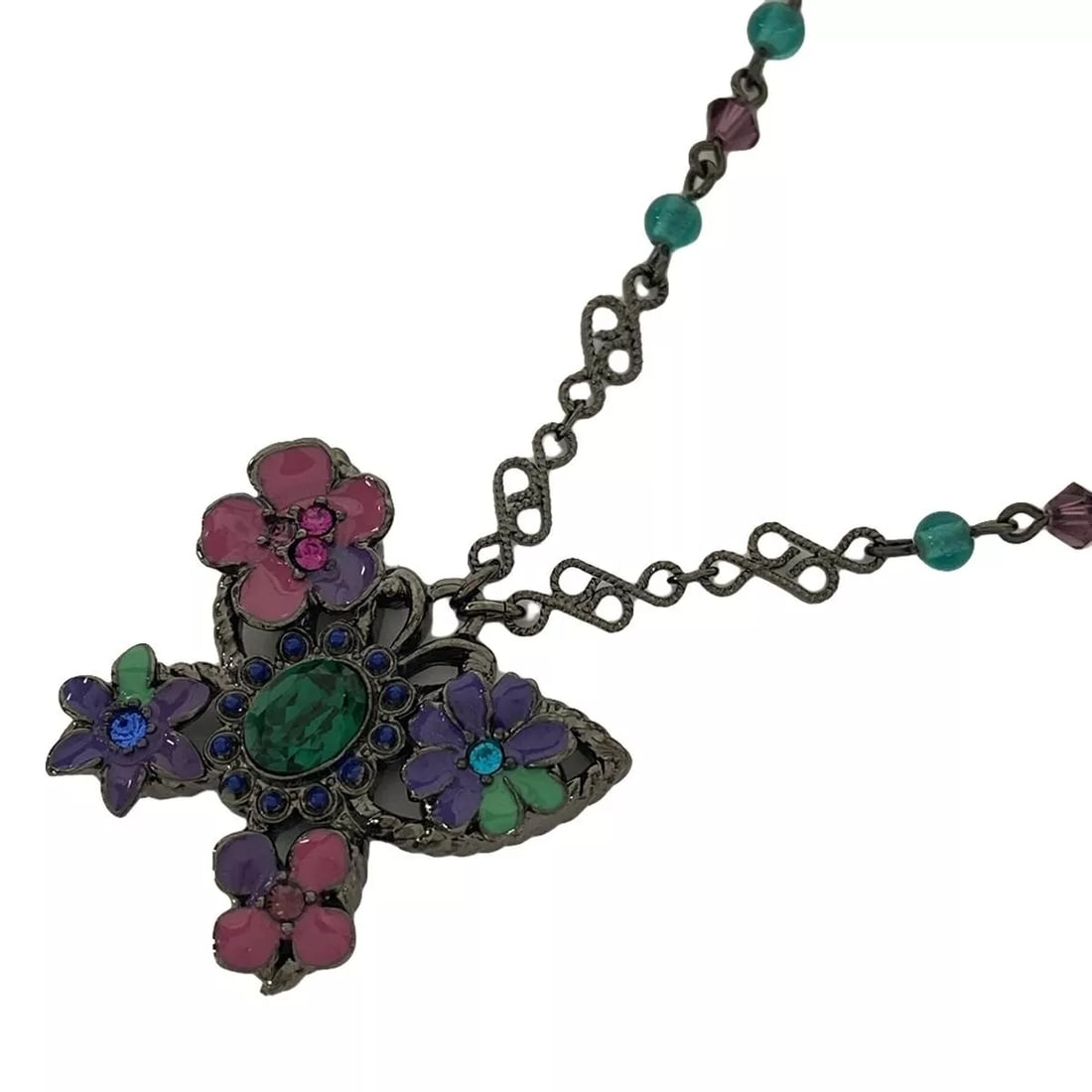 ANNA SUI PURPLE PINK GREEN HARDWARE COLOR STONE NECKLACE: ANNA SUI Purple Pink Green Hardware Color Stone Necklace Brand: ANNA SUI Type: Necklace Material: Hardware, Color Stone Color: Purple, Pink, Green Size: Top: 1.02 inch (2.6 cm) * 1.18 inch (3 cm)