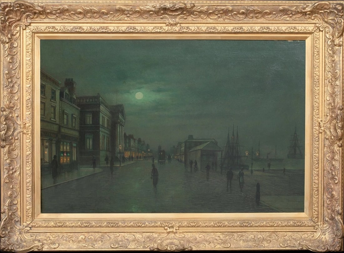 VIEW OF GLASGOW DOCKS OIL PAINTING: Year: 19th century Size: 30.5" x 22.5" Medium: Oil Description: Large oil painting from the 19th century that is credited to John Atkinson Grimshaw, depicting a moonlit Glasgow Docks, Scotland. Superb