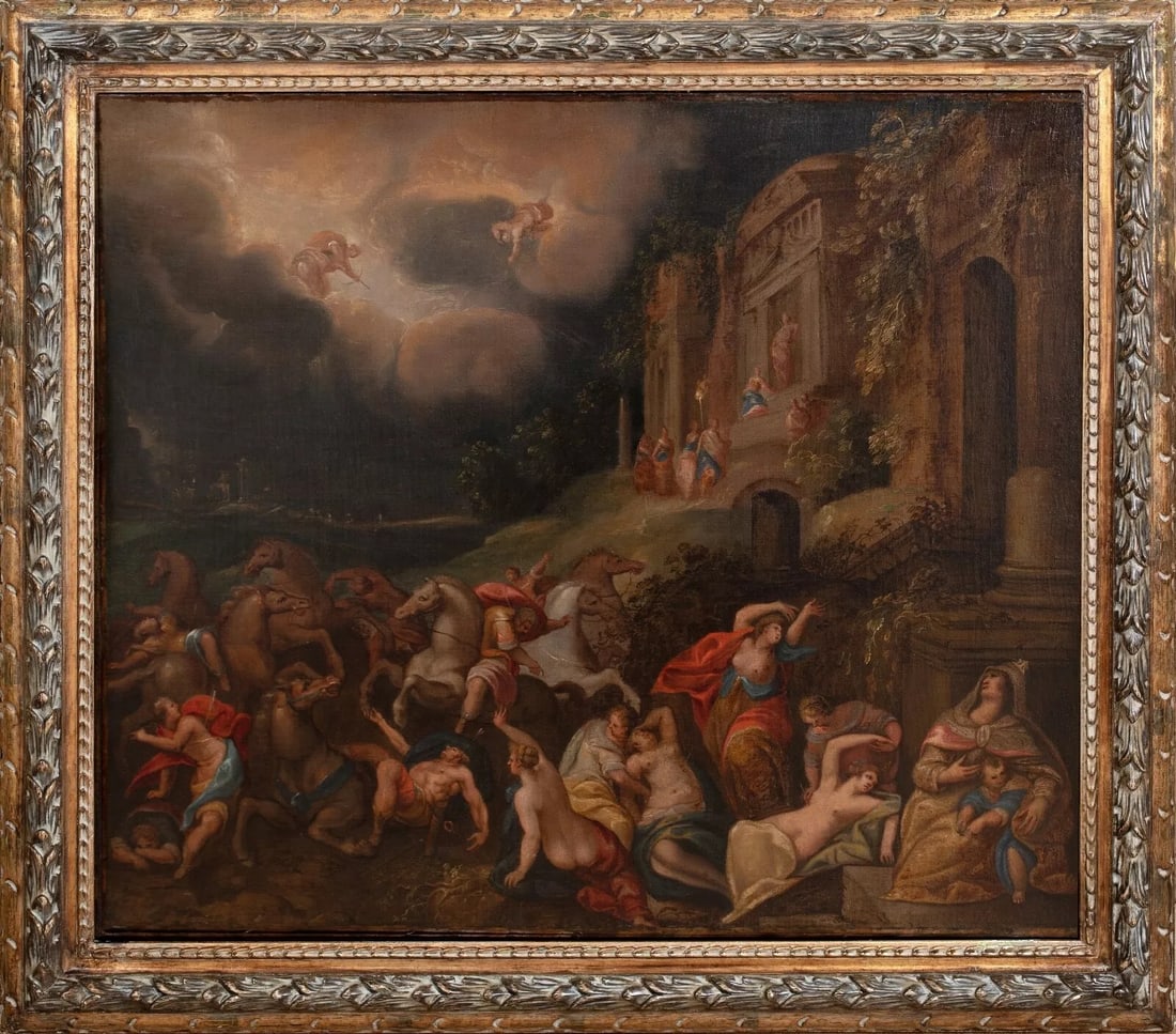 APOLLO & ARTEMIS, THE DESTRUCTION OF THE CHILDREN OF NIOBE OIL PAINTING: Year: 17th century Size: 42" x 38" Medium: Oil Description: Large oil painting from the 16th century by a Flemish old master depicting Apollo and Artemis and the destruction of the children of Niobe f