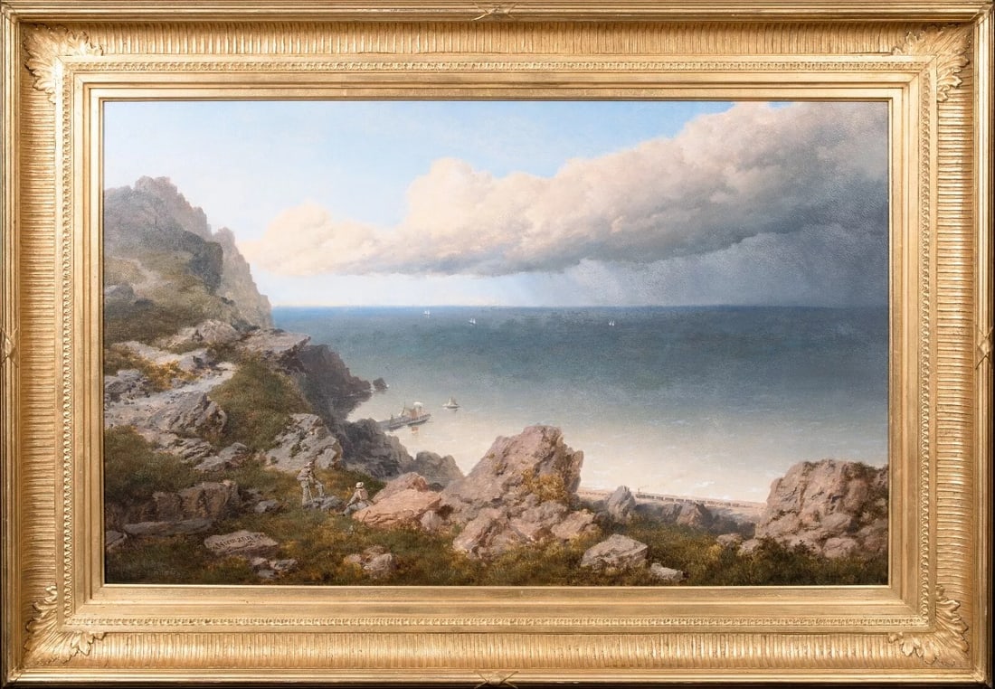 VIEW OF PEN MAEN MAWR OIL PAINTING: Year: 19th century Size: 50" x 35" Medium: Oil Description: Large oil painting by Edmund John Niemann from the 19th century depicting Pen Maen Mawr facing Anglesey. Travelers are relaxing on the rocks