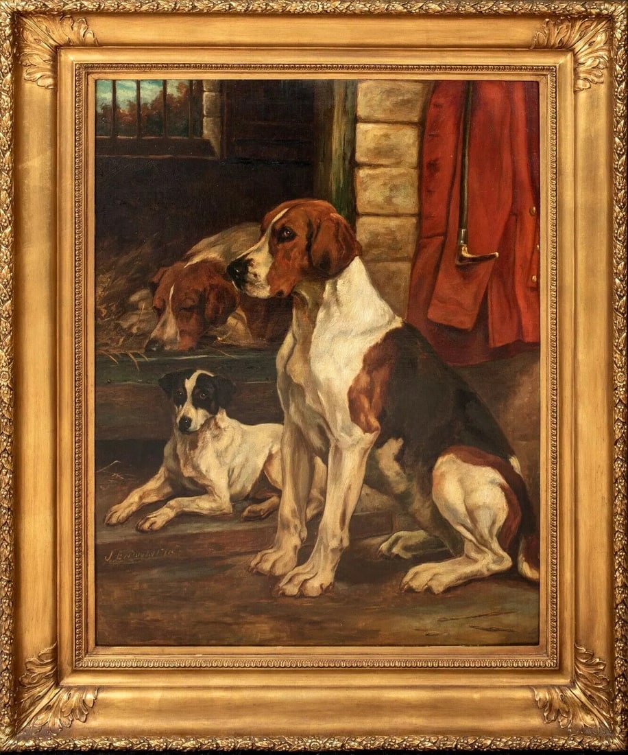FOX HOUNDS & JACK RUSSELL TERRIER IN THE KENNELS OIL PAINTING: Year: 19th century Size: 45" x 37.5" Medium: Oil Description: Large oil painting by John C. Entwistle depicting a terrier and fox hounds relaxing in a 19th-century English kennel. Superb quality and c