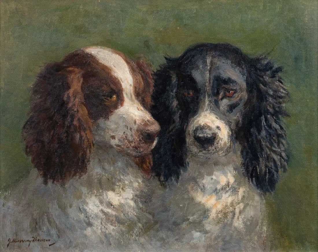 PORTRAIT OF "HONEY & NAPOLEON" OIL PAINTING: Year: 20th century Size: 25.5" x 22" Medium: Oil Description: Large portrait of "Honey and Napoleon" from the early 20th century. John Murray Thompson's oil on board two English Springer Spaniels. Thi