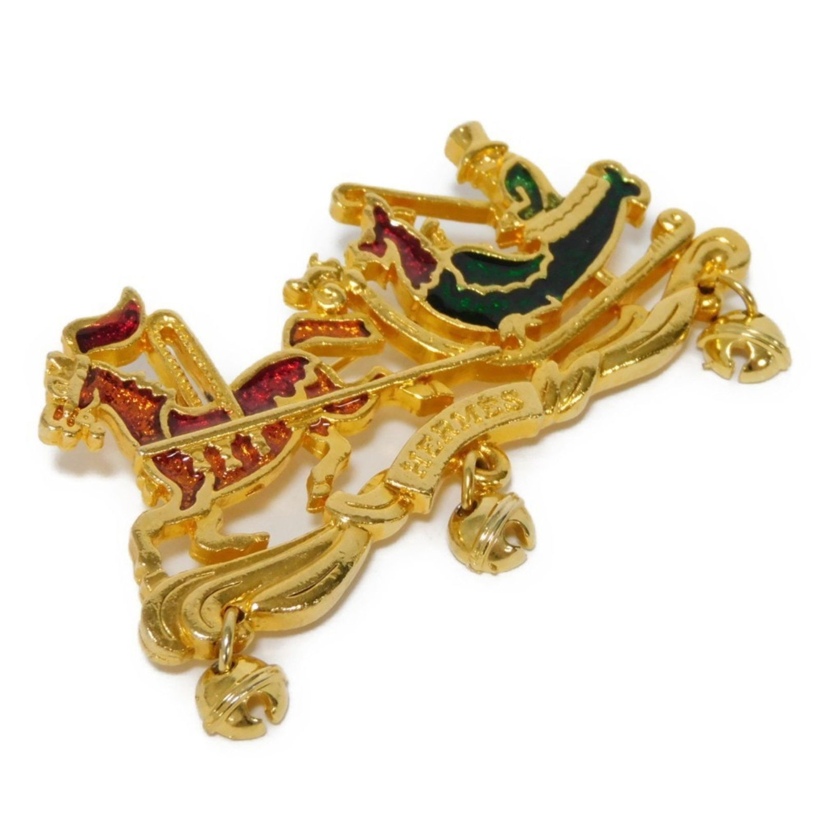 HERMES BROOCH SANTA CLAUS REINDEER SLEIGH BELL: Hermes Brooch Santa Claus Reindeer Sleigh Bell Brand: Hermes Type: Brooch Material: Cloisonné/enamel Color: Gold Size: (HxWxD) 3.3cm x 6.8cm / 1.29'' x 2.67'' Accessories: None Accessorie