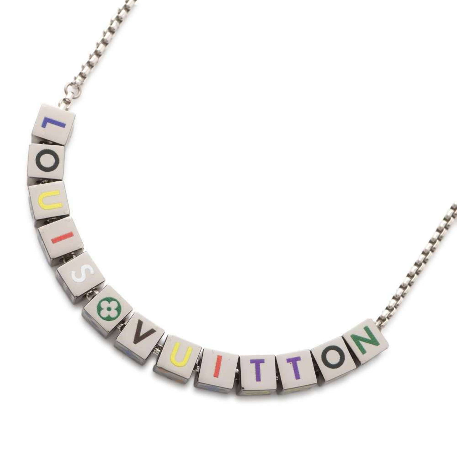 LOUIS VUITTON NECKLACE COLLIER LV: Louis Vuitton Necklace Collier LV Brand: Louis Vuitton Type: Necklace Material: Metal Color: Multi-color Size: Neck Circumference: 39.5 cm / 15.55'' Pendant : 6mm x 6mm / 0.23'' x 0.23'' Accessori