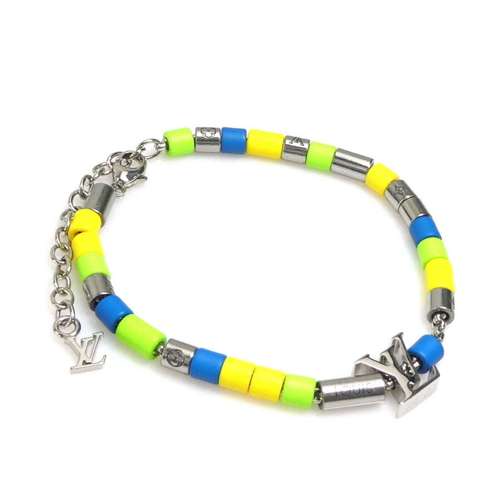 LOUIS VUITTON BRACELET LV SUNRISE METAL RESIN SILVER: Louis Vuitton Bracelet LV Sunrise Metal Resin Silver Brand: Louis Vuitton Type: Charm bracelet Material: Metal, Resin Color: Multi-color, Silver Size: Length: 17.5cm / 6.88'' Total Length: 24cm / 9.44