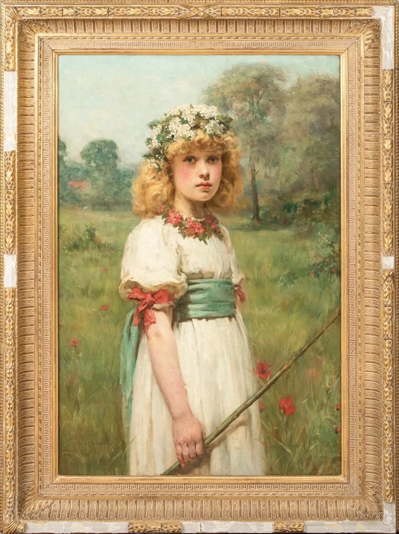 PORTRAIT OF A YOUNG GIRL AS MAY QUEEN OIL PAINTING: Year: 19th century Size: 51" x 37" Medium: Oil Description: Valentine Cameron Prinsep's large oil on canvas early 19th-century English pre-Raphaelite image of a young girl as May Queen. Outstanding co