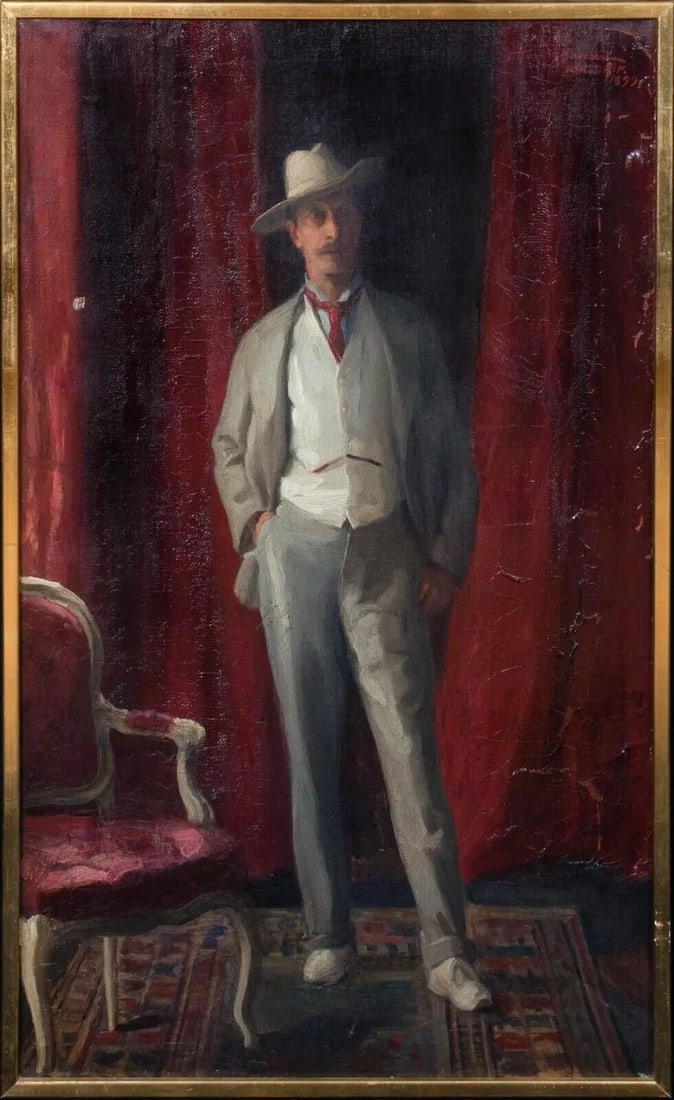 PORTRAIT OF WILLIAM BURDON-MULLER OIL PAINTING: Year: 19th century Size: 35" x 22" Medium: Oil Description: Large oil on canvas portrait of William Burdon-Muller by Henry Harris Brown, 1899. Full-length portrait of Muller, a prosperous Santiago, Ch