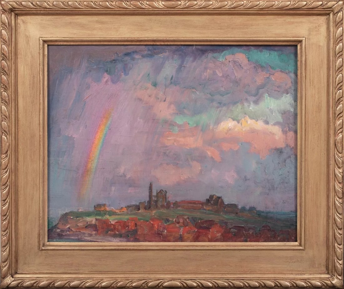 VIEW OF A RAINBOW OVER WHITBY OIL PAINTING: Year: 19th century Size: 23.5" x 20.5" Medium: Oil Description: William Samuel Horton, an American Impressionist painter, painted an oil on panel depicting a rainbow above Whitby in 1900. Outstanding 