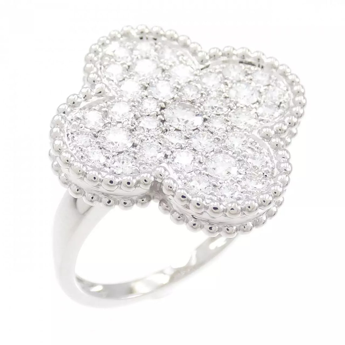 VAN CLEEF & ARPELS MAGIC ALHAMBRA RING: Van Cleef & Arpels Magic Alhambra Ring Brand: Van Cleef & Arpels Type: Ring Material: 750 White Gold Color: None Size: 7.5-8 Accessories: None Accessories Notice: When purchasing pre-owne