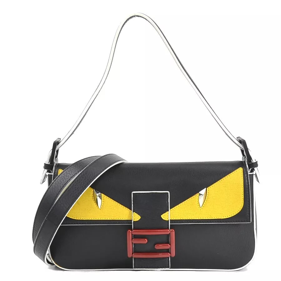 FENDI MONSTER BAGUETTE HANDBAG CROSSBODY SHOULDER BAG: FENDI Monster Baguette Handbag Crossbody Shoulder Bag Brand: FENDI Type: Handbag Material: Leather Color: Black / Yellow / White Size: W: 10.4inx H: 5.7inx D: 1.6in Handle drop: 7.1in Shoulder drop: 1