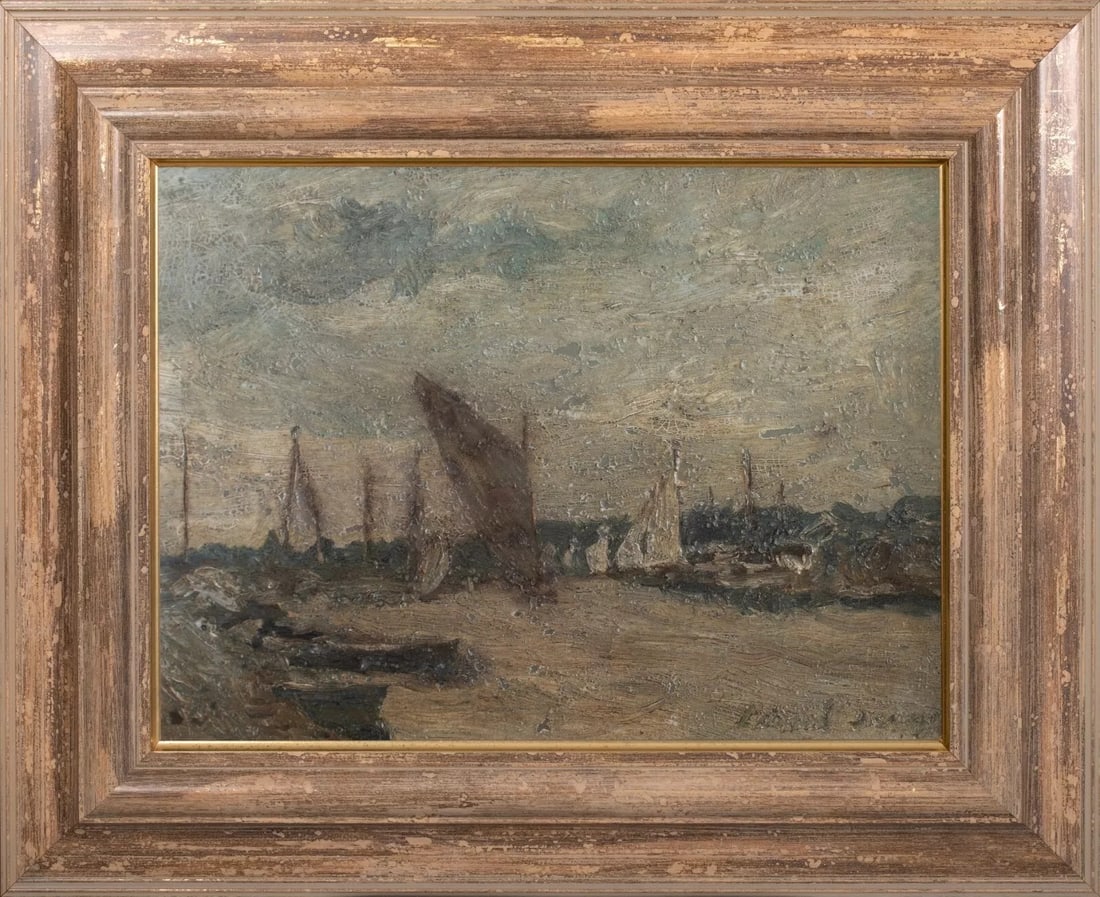 VIEW OF A BOATS IN A SUFFOLK HARBOUR OIL PAINTING: Year: 20th century Size: 21.5" x 18" Medium: Oil Description: English view of a boat in Suffolk Harbour in the 20th century, with oil on board by Edward Seago. An excellent specimen of the artist's wo