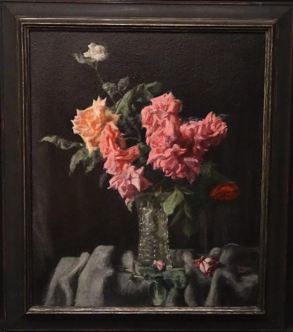 STILL LIFE OF PINK AND RED ROSES OIL PAINTING: Year: 20th century Size: 28" x 24.5" Medium: Oil Description: Excellent, huge still life painting by George Weissbort on board from the 20th century depicting pink and crimson roses. Gorgeous huge stu