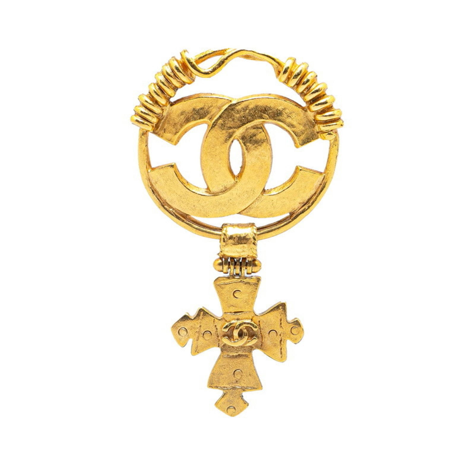 CHANEL COCO MARK CROSS BROOCH GOLD PLATED: CHANEL Coco Mark Cross Brooch Gold Plated Brand: Chanel Type: Brooch Material: None Color: Gold Size: (HxWxD): 7.29cm x 4.27cm / 2.87'' x 1.68'' Accessories: None Accessories Notice: When