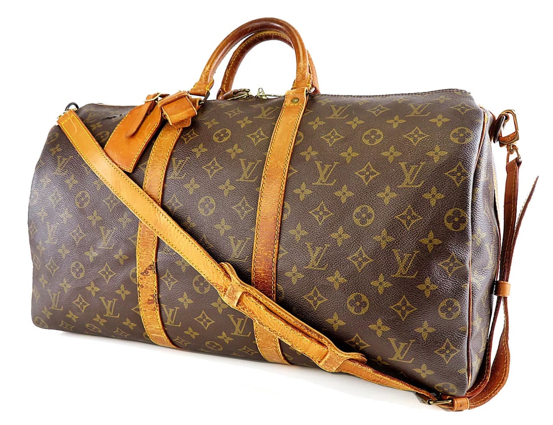 LOUIS VUITTON KEEPALL BANDOULIERE MONOGRAM CANVAS DUFFEL BAG: LOUIS VUITTON Keepall Bandouliere Monogram Canvas Duffel Bag Brand: Louis Vuitton Keepall Type: Duffle Material: Canvas Leather Color: Brown Size: W 19.7 x H 10.6 x D 8.25inch Accessories: None