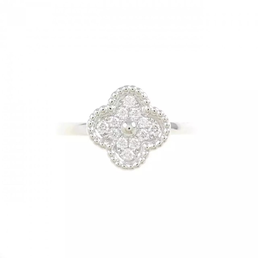 VAN CLEEF & ARPELS SWEET ALHAMBRA RING: Van Cleef & Arpels Sweet Alhambra Ring Brand: Van Cleef & Arpels Type: Ring Material: 750 White Gold Color: None Size: 5 US Accessories: None Accessories Notice: When purchasing pre-owned