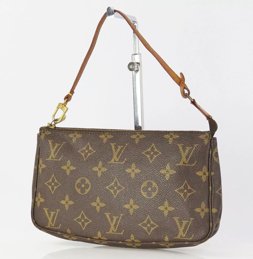 LOUIS VUITTON ACCESSORY POCHETTE MONOGRAM TOTE HAND BAG: LOUIS VUITTON Accessory Pochette Monogram Tote Hand Bag Brand: Louis Vuitton Type: StylePouch Material: Coated Canvas Color: Brown Size: W 7.8 x H 4.7 x D 1.1inch Accessories: None Access