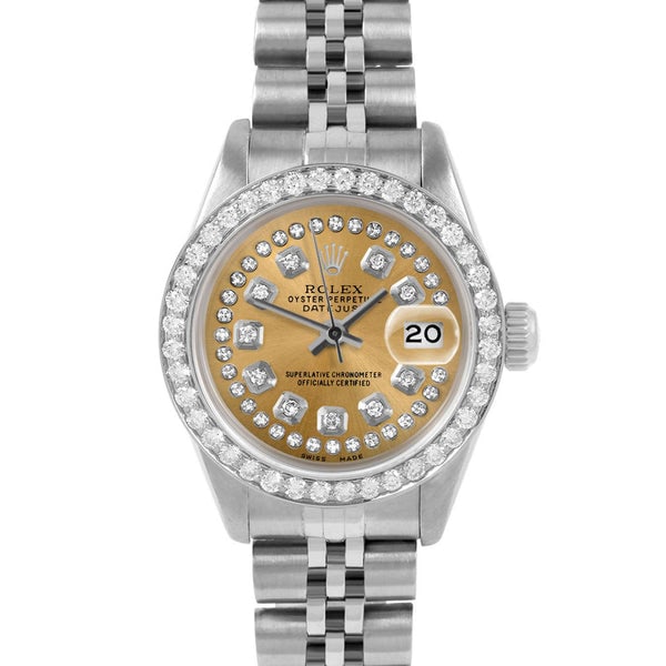 ROLEX DATEJUST 26MM CUSTOM CHAMPAGNE STRING DIAMOND JUBILEE CUSTOM: Rolex Datejust 26mm Custom Champagne String Diamond Jubilee Custom Brand: Rolex Datejust Type: Watch Material: Stainless Steel Color: Dial Champagne Size: Case Size: 26 mm Accessories: None