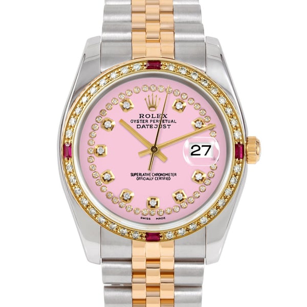 ROLEX DATEJUST 36MM CUSTOM PINK STRING DIAMOND JUBILEE CUSTOM RUBY AND DIAMOND: Rolex Datejust 36mm Custom Pink String Diamond Jubilee Custom Ruby and Diamond Brand: Rolex Datejust Type: Watch Material: Yellow Gold & Stainless Steel Color: Dial Pink Size: Case Size: 36 mm Ac