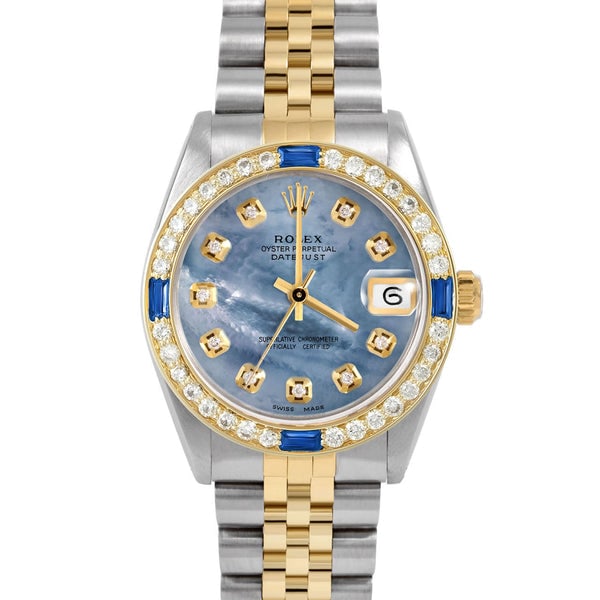 ROLEX DATEJUST 31MM CUSTOM BLUE MOTHER OF PEARL DIAMOND JUBILEE CUSTOM SAPPHIRE AND DIAMOND: Rolex Datejust 31mm Custom Blue Mother of Pearl Diamond Jubilee Custom Sapphire and Diamond Brand: Rolex Datejust Type: Watch Material: Yellow Gold & Stainless Steel Color: Dial Blue Mother of Pear