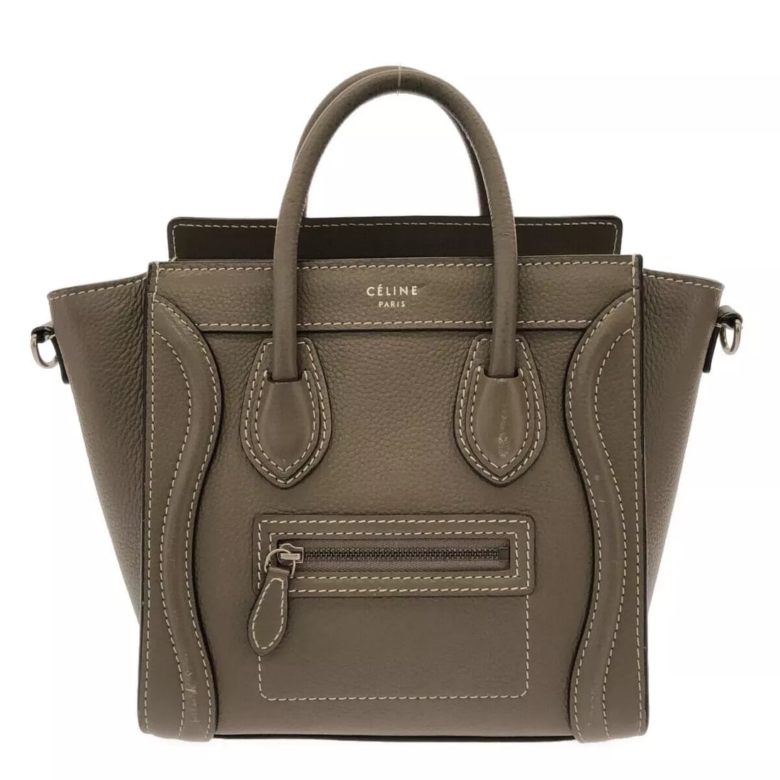CELINE LUGGAGE NANO SHOPPER SOURIS(GRAY BEIGE) HANDBAG: CELINE Luggage Nano Shopper Souris(Gray Beige) Handbag Brand: CELINE Type: Handbag Material: Drummed calfskin Color: Souris(Gray Beige) Size: Height: 8.66 inch (22 cm) Width: 7.87 inch - 10.63 inc