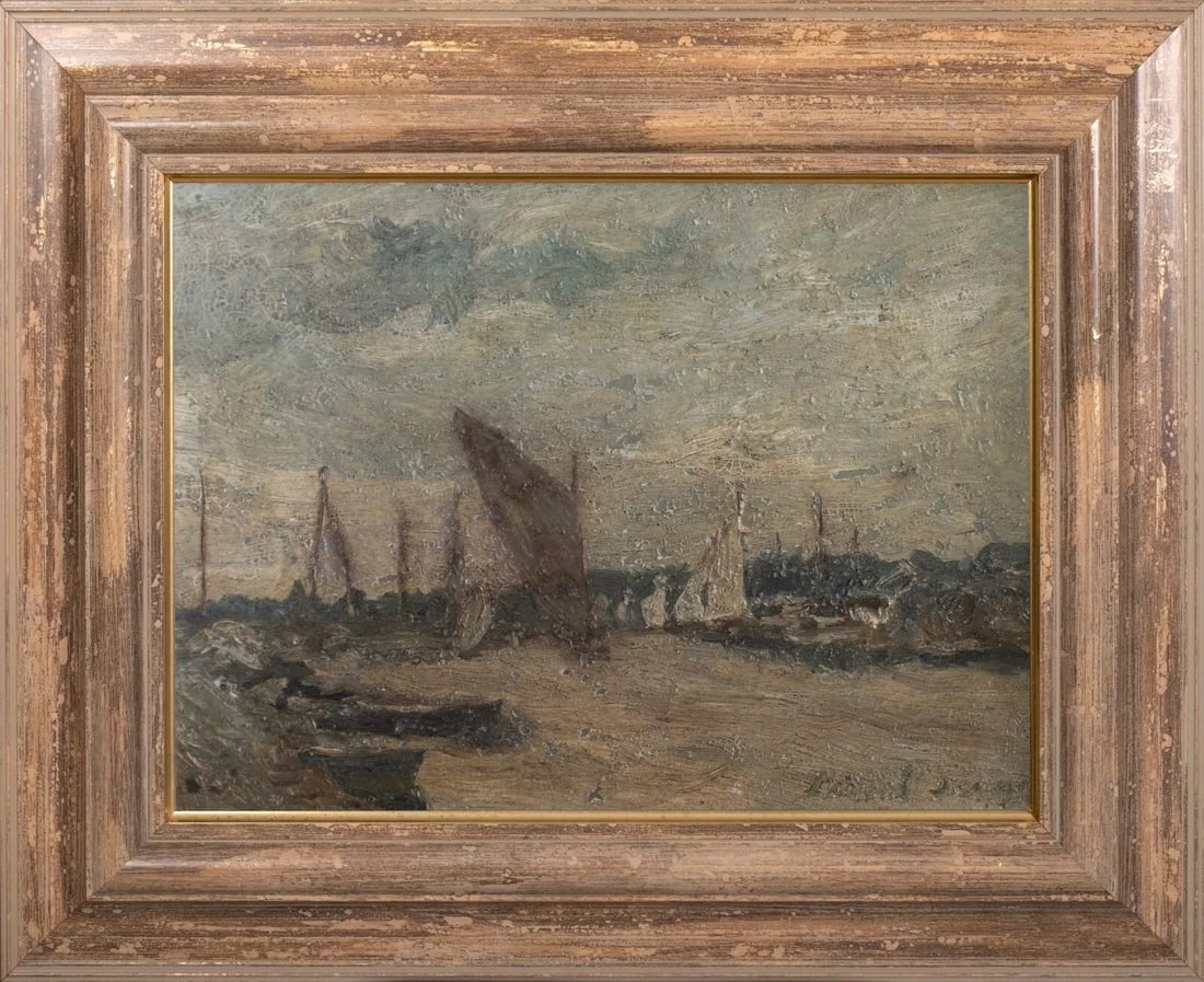 VIEW OF A BOATS IN A SUFFOLK HARBOUR OIL PAINTING: Year: 20th century Size: 21.5" x 18" Medium: Oil Description: English view of a boat in Suffolk Harbour in the 20th century, with oil on board by Edward Seago. An excellent specimen of the artist's wo