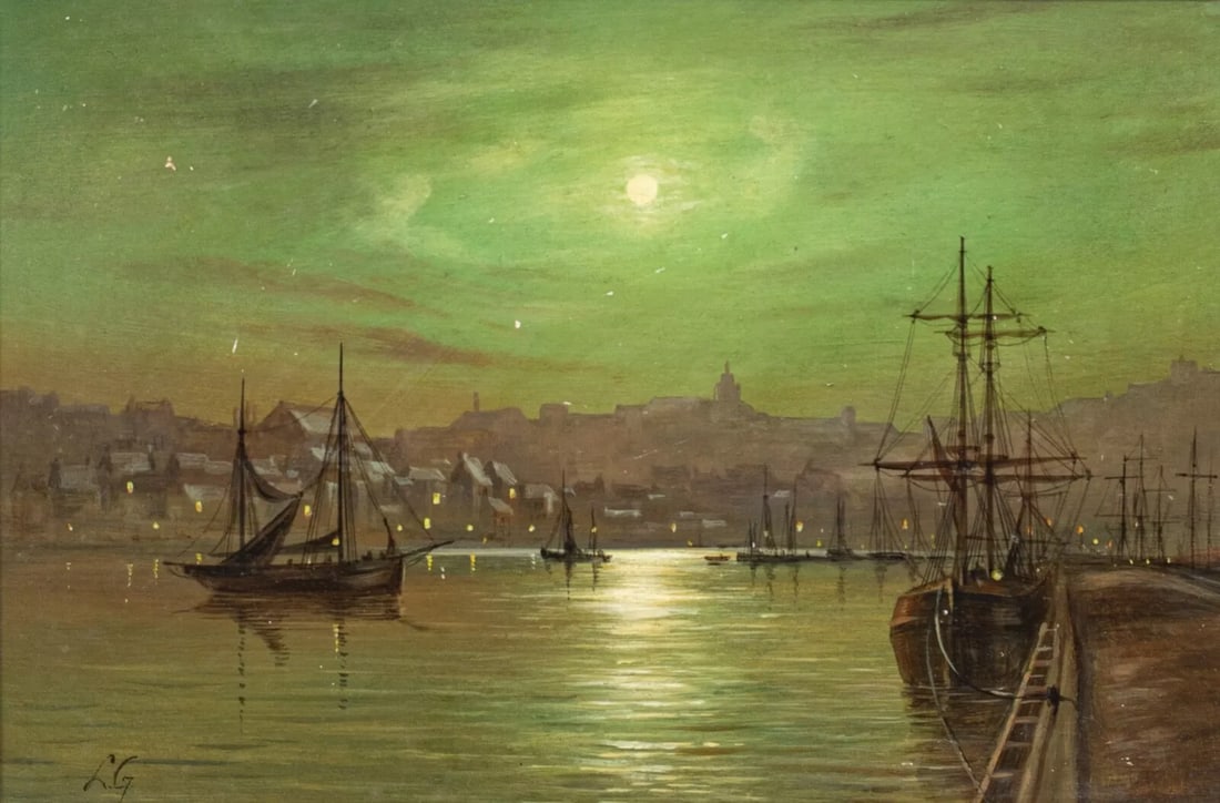 VIEW OF WHITBY HARBOUR IN THE MOONLIGHT OIL PAINTING: Year: 19th century Size: 18.5" x 15.5" Medium: Oil Description: 19th-century oil painting on panel by Louis Grimshaw depicting Whitby Harbour under the moonlight. Outstanding quality and condition noc