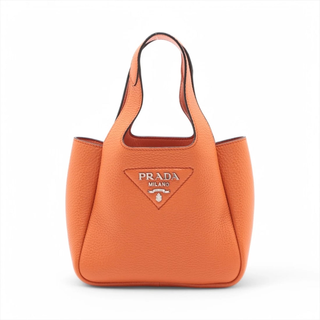 PRADA VITELLO DAINO SOFT LEATHER HAND BAG: Prada Vitello Daino soft Leather Hand bag Brand: Prada Type: Hand bag Material: Leather Color: Orange Size: Height: 6.3inch Length: 6.9inch Depth: 3.5inch Handle height: 4.7inch Accessories: None
