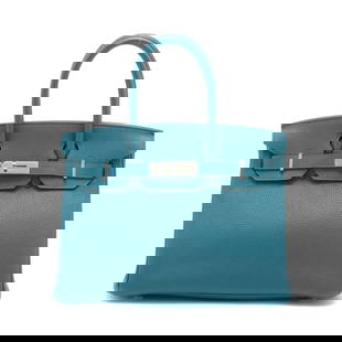 HERMÈS BIRKIN VERSO 30 TAURILLON CLEMENCE VALE BOSFORT: Hermès Birkin Verso 30 Taurillon Clemence Vale Bosfort Brand: Hermès Type: Hand bag Material: Taurillon Clemence Color: Vale Bosfort x Blue Knoll Size: Height: 8.9inch Length: 11.6inch Depth: 6.