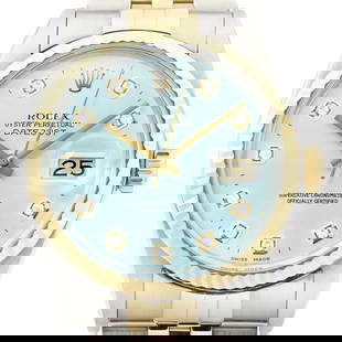 ROLEX MENS DATEJUST 18K GOLD & STEEL BLACK DIAMOND SAPPHIRE JUBILEE WATCH: Rolex Mens Datejust 18K Gold SS Ice Blue Diamond Dial Watch w/ Rolex Band Brand: Rolex Type: Wristwatch Material: Band Material Stainless Steel, 18K Yellow Gold, Case material Stainless Steel Color