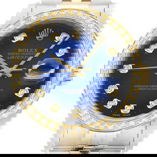 ROLEX MENS DATEJUST 18K GOLD STEEL BLACK DIAMOND WATCH: Rolex Mens Datejust 18K Gold & Steel 2-Tone Blue Vignette Diamond Watch Brand: Rolex Type: Wristwatch Material: Band Material Stainless Steel, 18K Yellow Gold, Case material Stainless Steel Color: