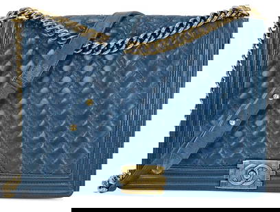 CHANEL BOY BLUE QUILTED LEATHER GOLD CHAIN SHOULDER FLAP BAG: CHANEL BOY Blue Quilted Leather Gold Chain Shoulder Flap Bag Brand: CHANEL Type: Shoulder Bag Material: Leather Color: Blue and beige. Size: Size in inches (approx.):W 11.8 x H 8.3 x D 2.8Handle d