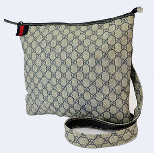GUCCI NAVY SUPREME GG PVC CANVAS SHERRY LINE SHOULDER BAG: GUCCI Navy Supreme GG PVC Canvas Sherry Line Shoulder Bag Brand: Gucci Type: Shoulder Bag Material: PVC Color: Navy Size: Size in inches (approx.):W 12.9 (bottom) x H 11.02 x D 0.4Handle drop in i