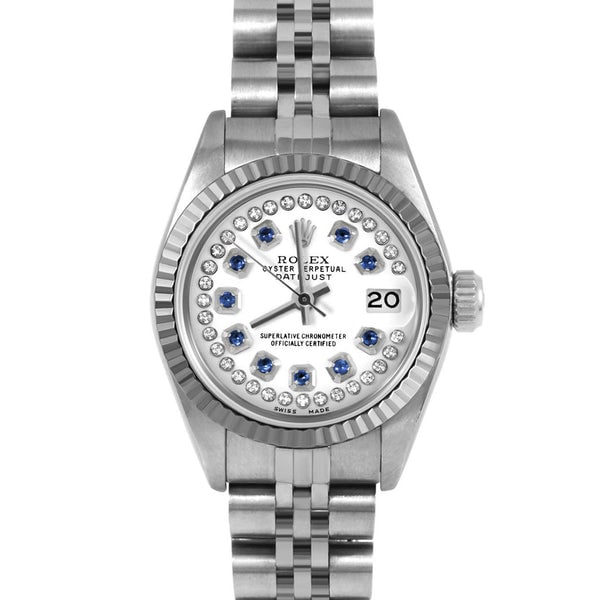 ROLEX DATEJUST 26MM CUSTOM WHITE SAPPHIRE WITH STRING DIAMOND JUBILEE FLUTED: Rolex Datejust 26mm Custom White Sapphire with String Diamond Jubilee Fluted Brand: Rolex Datejust Type: Ladies Material: Stainless Steel Color: Dial White Size: Case Size: 26 mm Accessories: Non