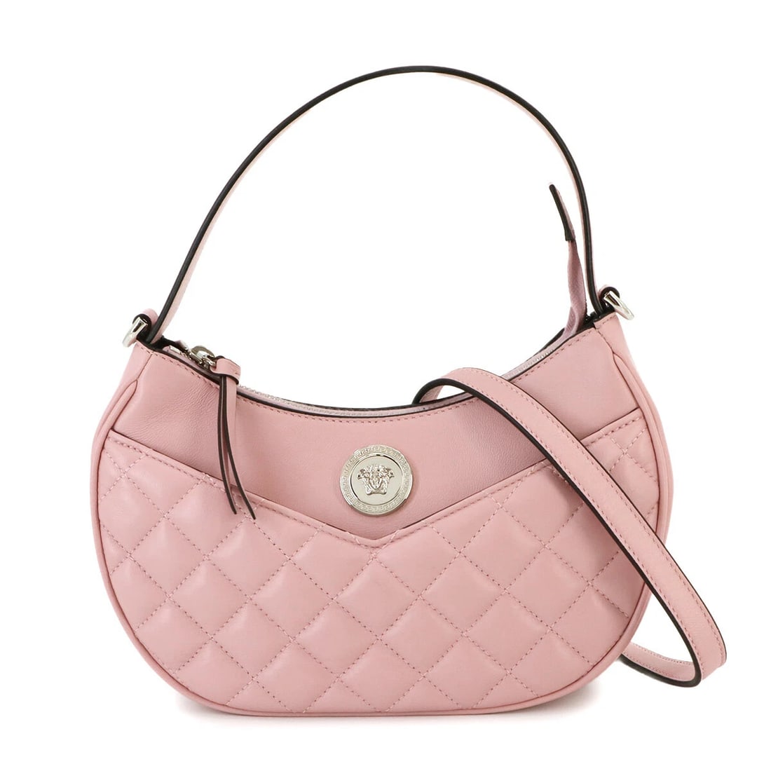 VERSACE MEDUSA QUILTED HOBO HAND SHOULDER BAG LEATHER PINK: VERSACE Medusa Quilted Hobo Hand Shoulder Bag Leather Pink Brand: VERSACE Type: Hand Bag / Shoulder Bag Material: Leather Color: Pink Size: W 7.09 inch, H 5.91 inch, D 2.76 inch Handle 11.4inch (2