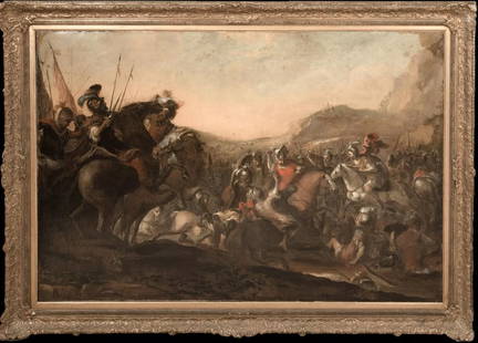 CHRISTIAN OTTOMAN WARS CAVALRY OIL PAINTING: Year: 17th century Size: 64" x 46" Medium: Oil Description: Large oil painting from an Italian school from the 17th century depicting a Christian and Ottoman cavalry engaged in combat. Magnificently d