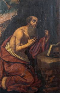SAINT JEROME IN THE WILDERNESS OIL PAINTING: Year: 17th century Size: 155cm x 90cm Medium: Oil Description: Impressive large oil painting on canvas, 17th-century North Italian School, Saint Jerome in the Wilderness. An early, large-scale represe