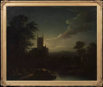 MOONLIT RIVER CATHEDRAL LANDSCAPE OIL PAINTING (1 of 10)