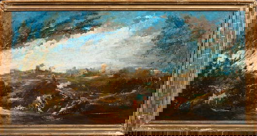 VIEW OF FIGURES IN A RIVER LANDSCAPE OIL PAINTING (1 of 10)